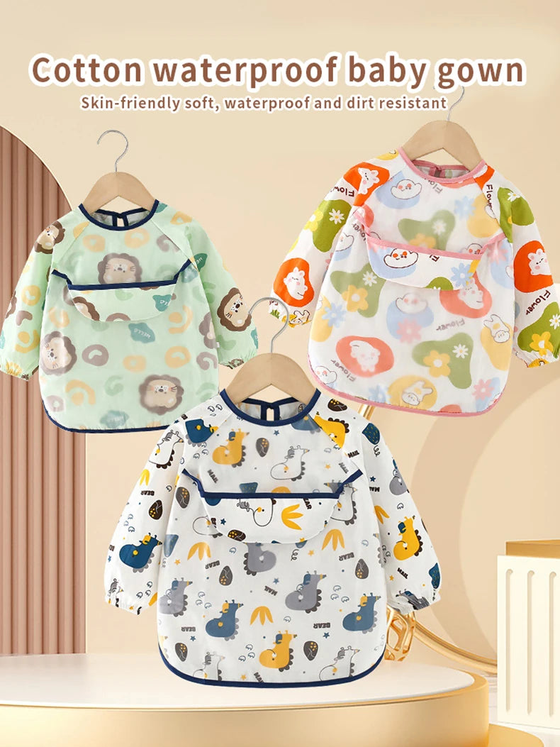 Baby apron baby bib protective clothing children's overalls cotton long sleeve reverse dress waterproof baby eating clothes