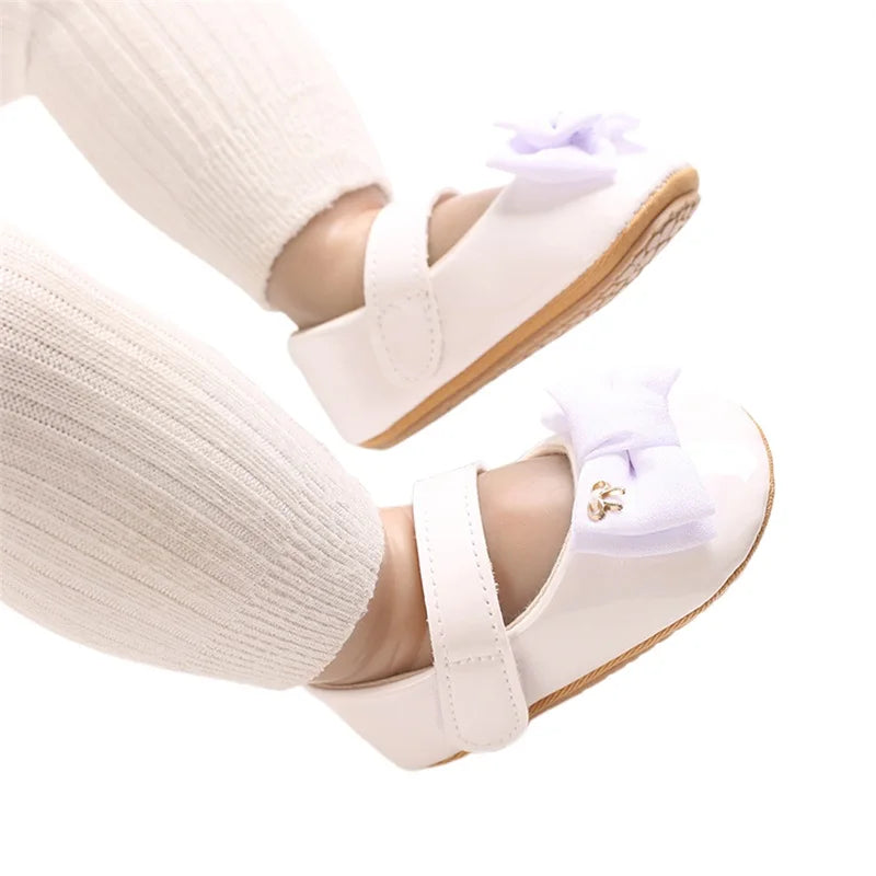 Infant Girls Bowknot Mary Jane Flats with Non-Slip Sole Cute Princess Dress Shoes for Newborns Adorable Crib Shoes