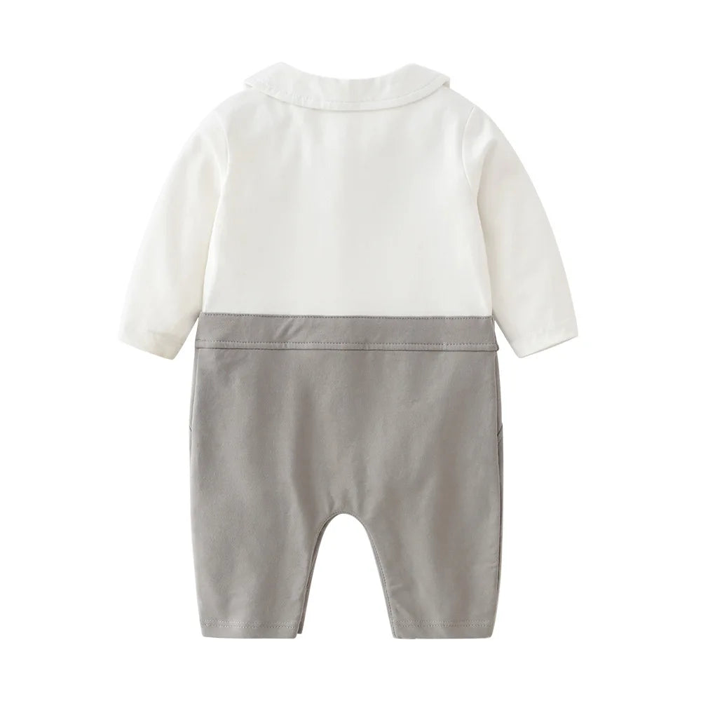 Spring Autumn Baby Crawler Clothing Gentleman Handsome Fake Strap Infant Boys Jumpsuit Cotton Spliced Newborn Boys Rompers