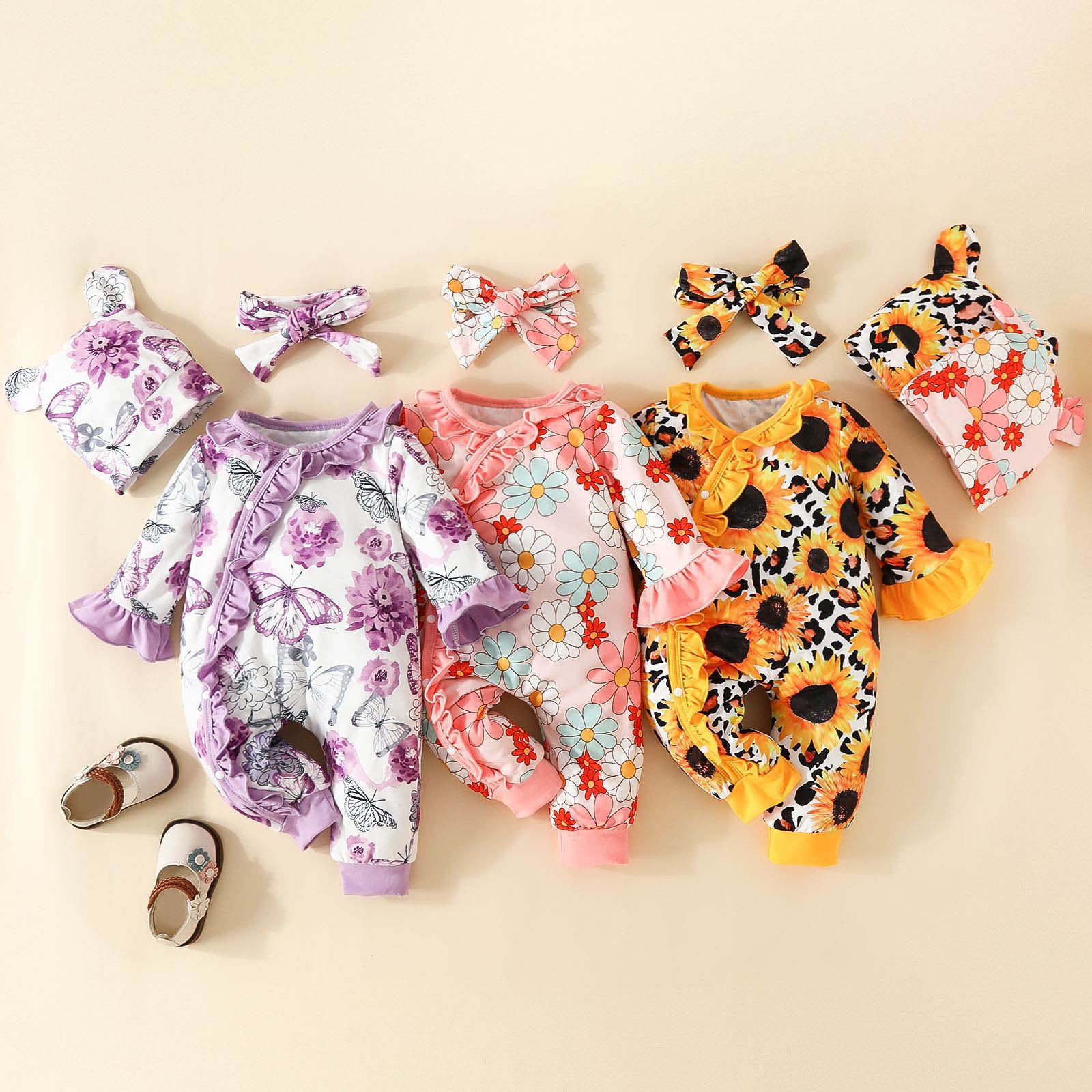 3pcs Baby Fall Winter Jumpsuit For Girls Ruffle Sunflower Rompers Onesie+Headband+Hat Newborn Baby Girls Clothes 0 to 18 Months