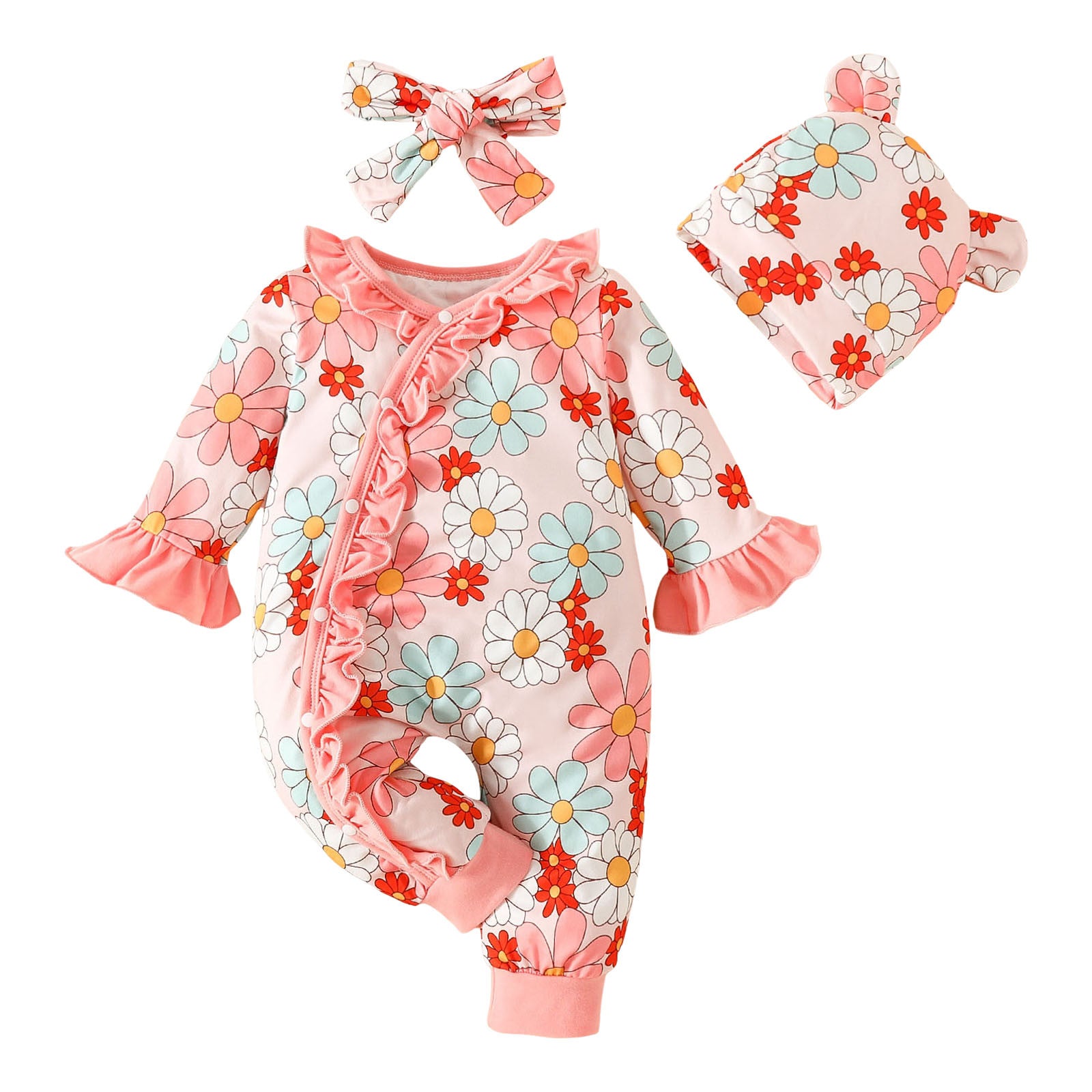 3pcs Baby Fall Winter Jumpsuit For Girls Ruffle Sunflower Rompers Onesie+Headband+Hat Newborn Baby Girls Clothes 0 to 18 Months