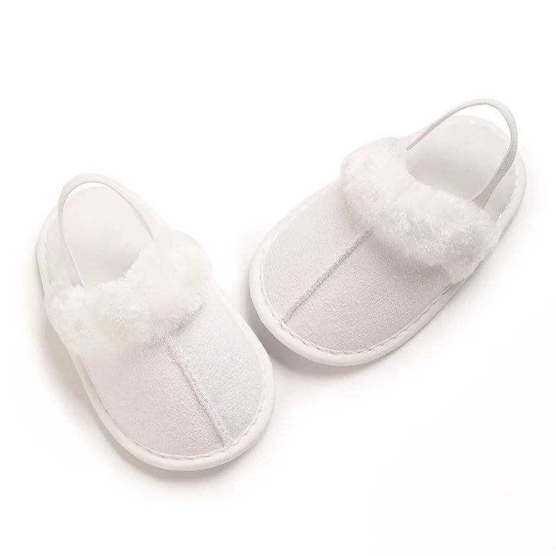 Toddlers Baby Boys Girls Fluffy Slides Soft Slippers Anti-slip Pre-walker Newborn Plush Warm Floor Shoes Elastic Back Strap