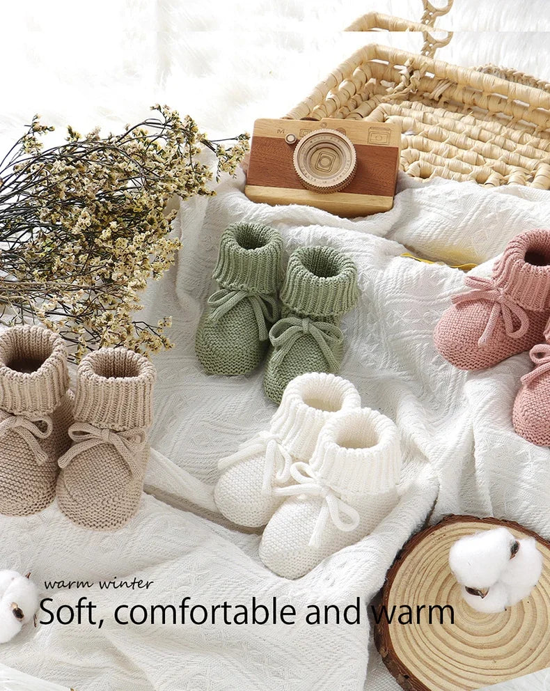 Infant Baby Shoes Cotton Knitted Newborn Girl Boy Boots Fashion Solid Warm Toddler Kid Slip-On Bed Shoes Handmade 0-18M Footwear