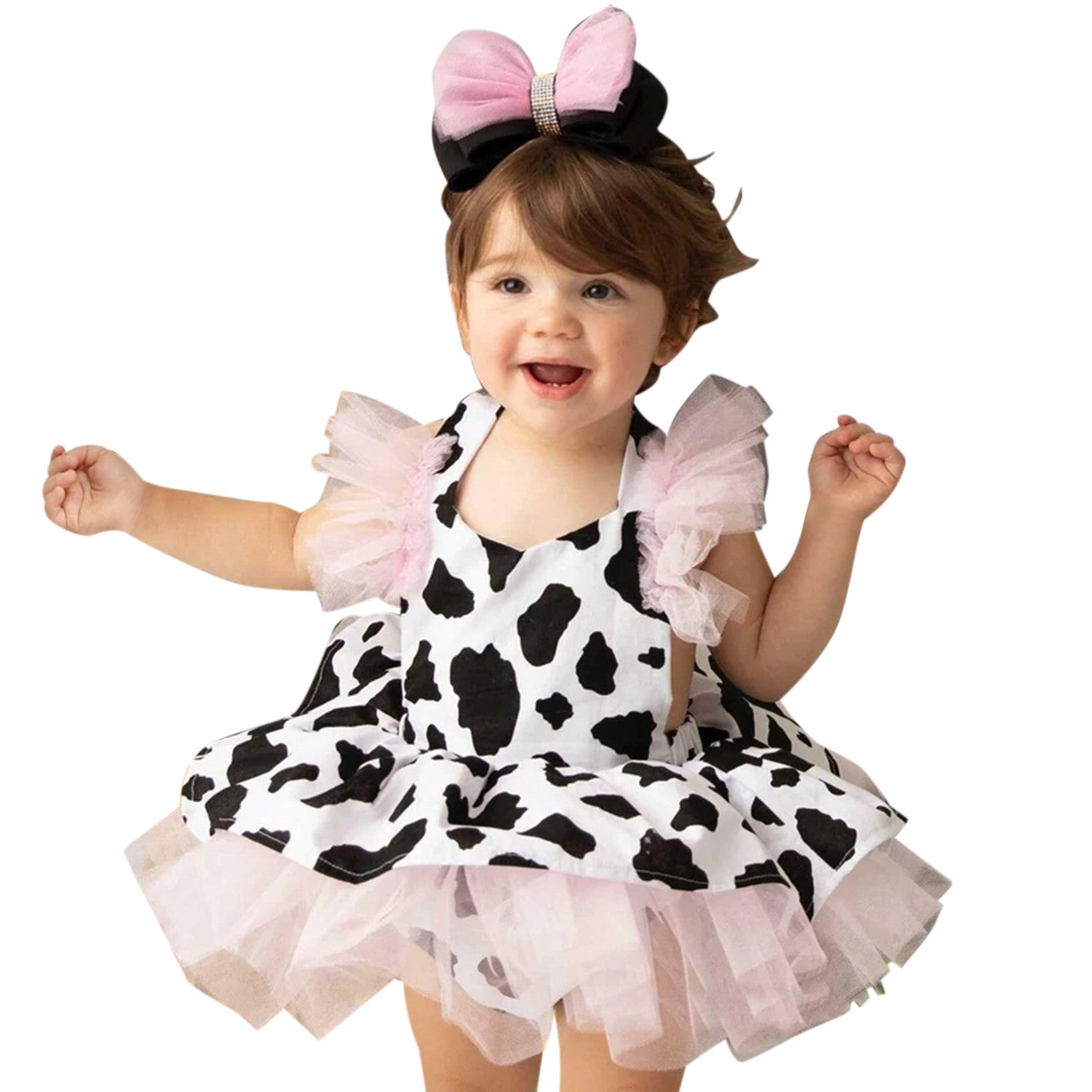 Toddler Baby Girls Romper Dress Headband Sets Infant Cow Print Tulle Clothes Newborn Sleeveless Tutu Dresses Hair Band Outfits