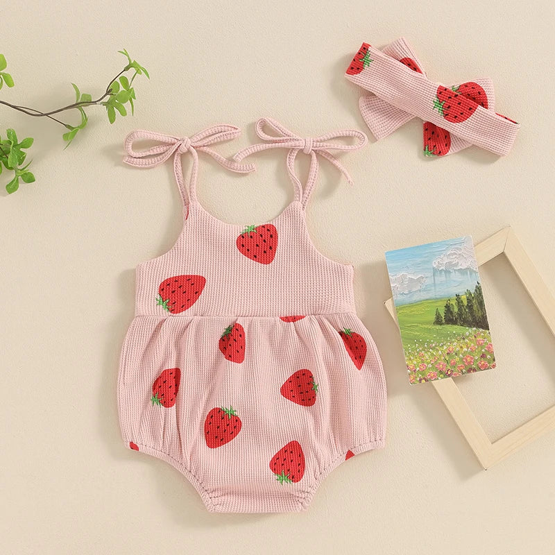 Pudcoco Baby Girl Summer Jumpsuit Strawberry Print Bandage Sleeveless Romper and Headband Set Cute Fashion Clothes Outfits 3-24M