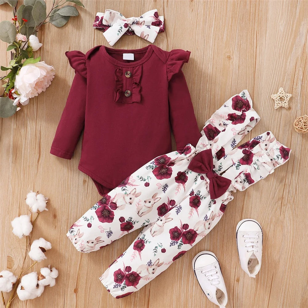 0-18Months Baby Girl Clothes Set Red Color Long Sleevs Bodysuit + Flower Strap Pants 2PCS Infant Girl New Years Clothing Suit