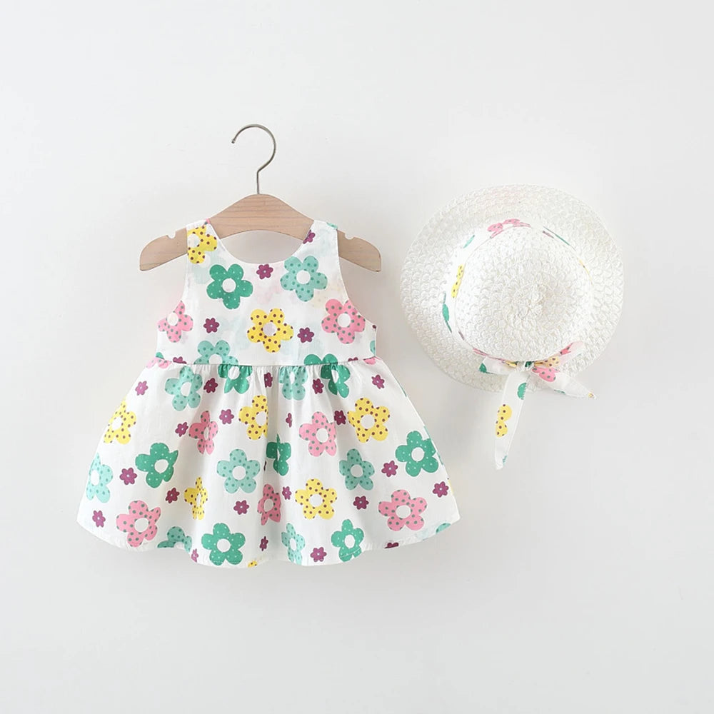 Summer Newborn Baby Clothes Toddler Girl Clothes Cotton Beach Suspender Dress+Sun Hat Princess Dresses2 Pcs