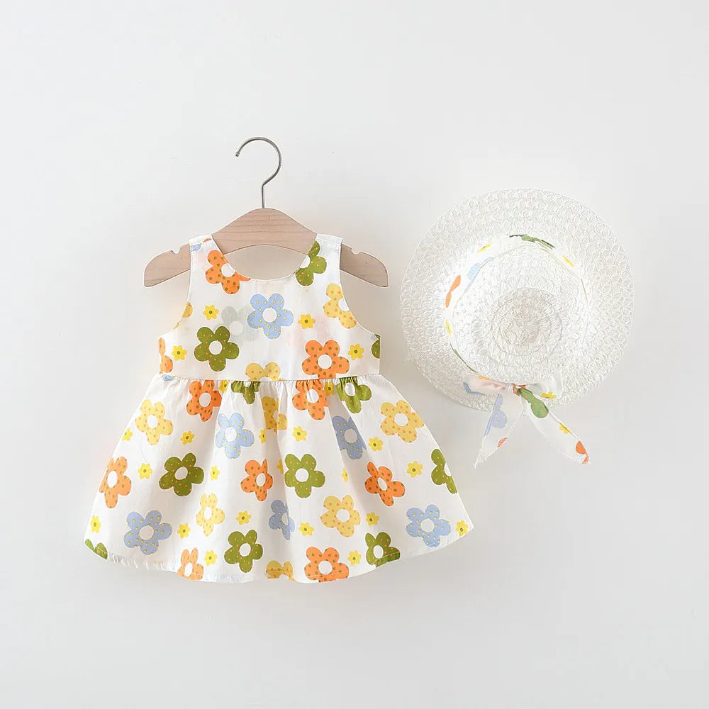 Summer Newborn Baby Clothes Toddler Girl Clothes Cotton Beach Suspender Dress+Sun Hat Princess Dresses2 Pcs