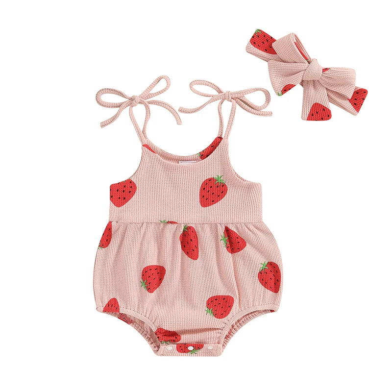 Pudcoco Baby Girl Summer Jumpsuit Strawberry Print Bandage Sleeveless Romper and Headband Set Cute Fashion Clothes Outfits 3-24M