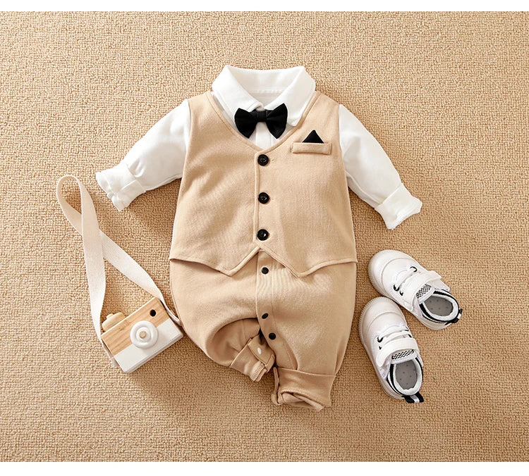 Spring And Autumn Style Boys And Girls Handsome Gentleman Outgoing Formal Dress Cotton Comfortable Long Sleeve Baby Bodysuit