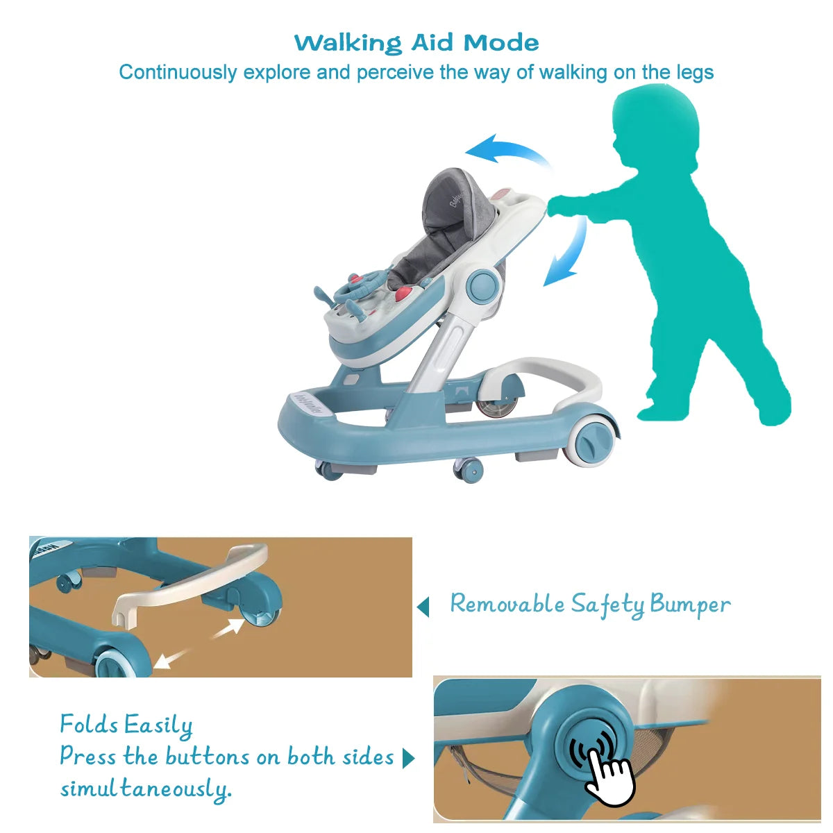 UBRAVOO 2in1 Toddler Push Baby Walker, with Removable Feeding Tray and Music Tray, Foldable Activity Walker for 6-18 Months