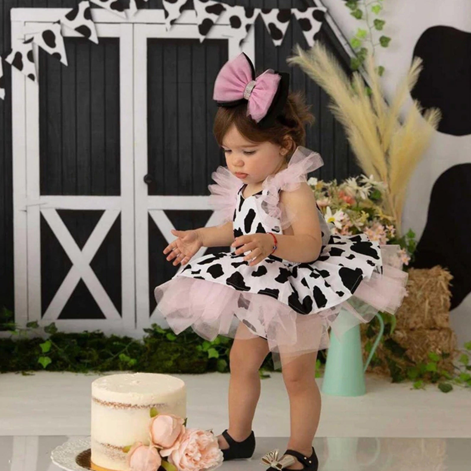 Toddler Baby Girls Romper Dress Headband Sets Infant Cow Print Tulle Clothes Newborn Sleeveless Tutu Dresses Hair Band Outfits