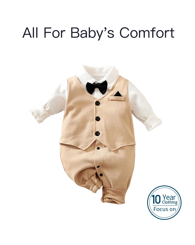 Spring And Autumn Style Boys And Girls Handsome Gentleman Outgoing Formal Dress Cotton Comfortable Long Sleeve Baby Bodysuit