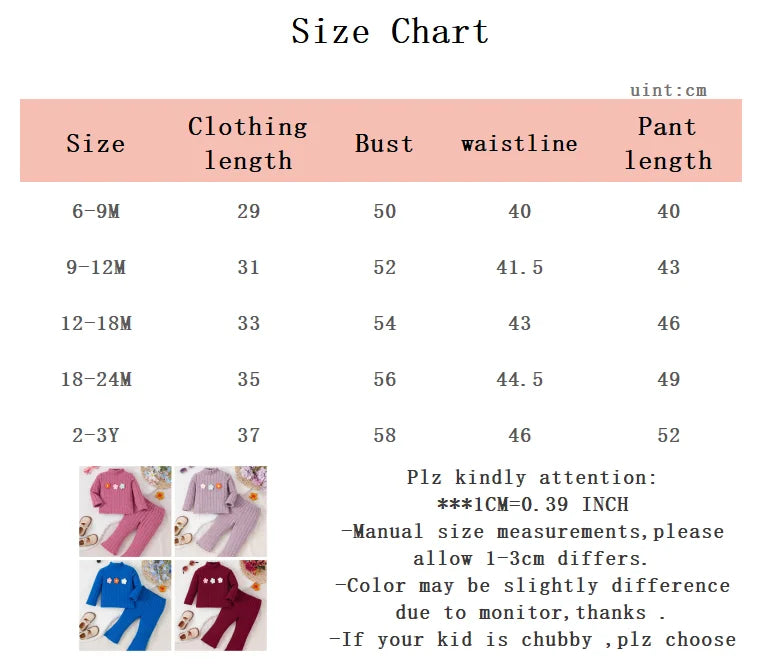 Girl baby Set Half High Collar Solid Color Small Flower Tops +Pants Fashion  2pcs/Set 0-3 Years Cute Girl baby Spring Autumn Set