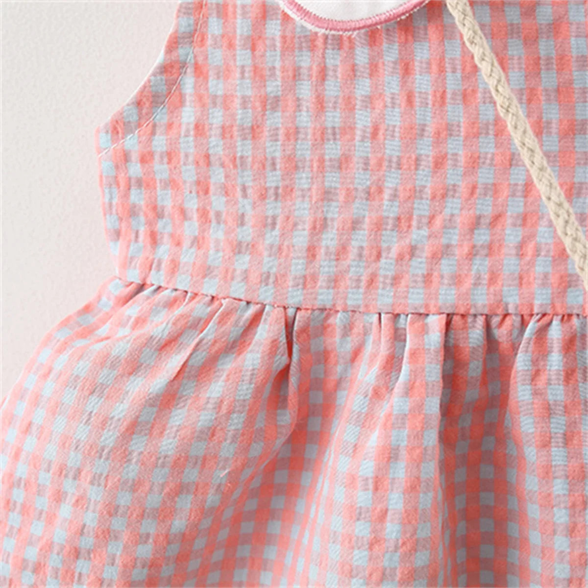 Summer Newborn 2-Piece Girl Infant Cotton Dress And Backpack Baby Embroidered Flip Collar Checkered Sleeveless Beach Dress