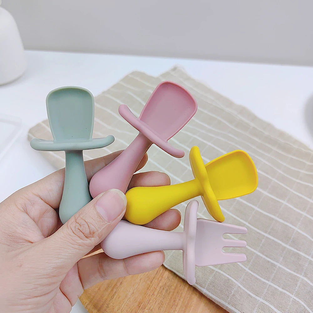 2Pcs/Set BPA Free Silicone Mini Fork Spoon Baby Learning Feeding spoon set Training Utensils For Newborn