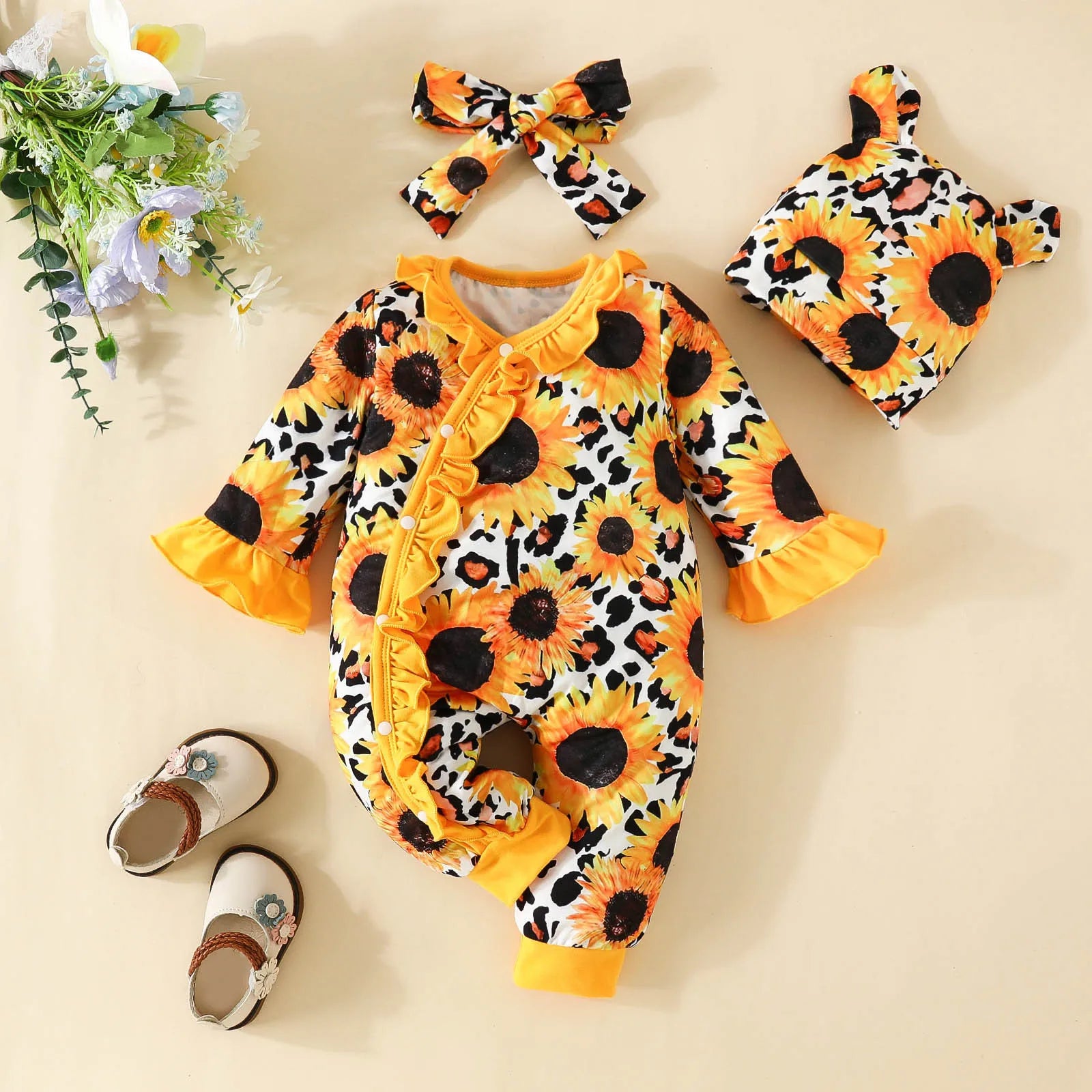 3pcs Baby Fall Winter Jumpsuit For Girls Ruffle Sunflower Rompers Onesie+Headband+Hat Newborn Baby Girls Clothes 0 to 18 Months