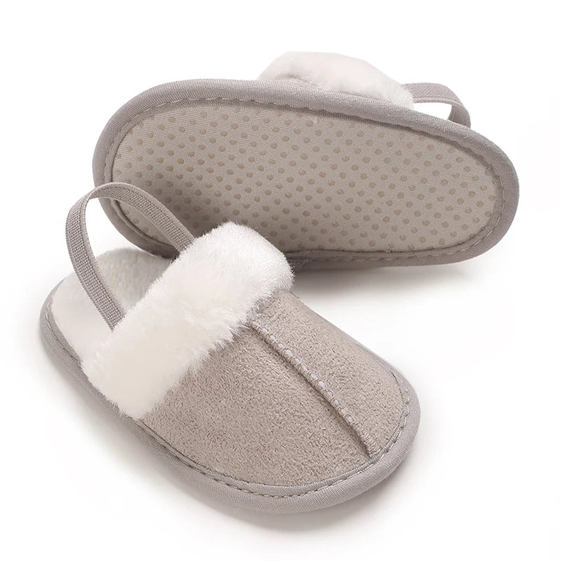 Toddlers Baby Boys Girls Fluffy Slides Soft Slippers Anti-slip Pre-walker Newborn Plush Warm Floor Shoes Elastic Back Strap