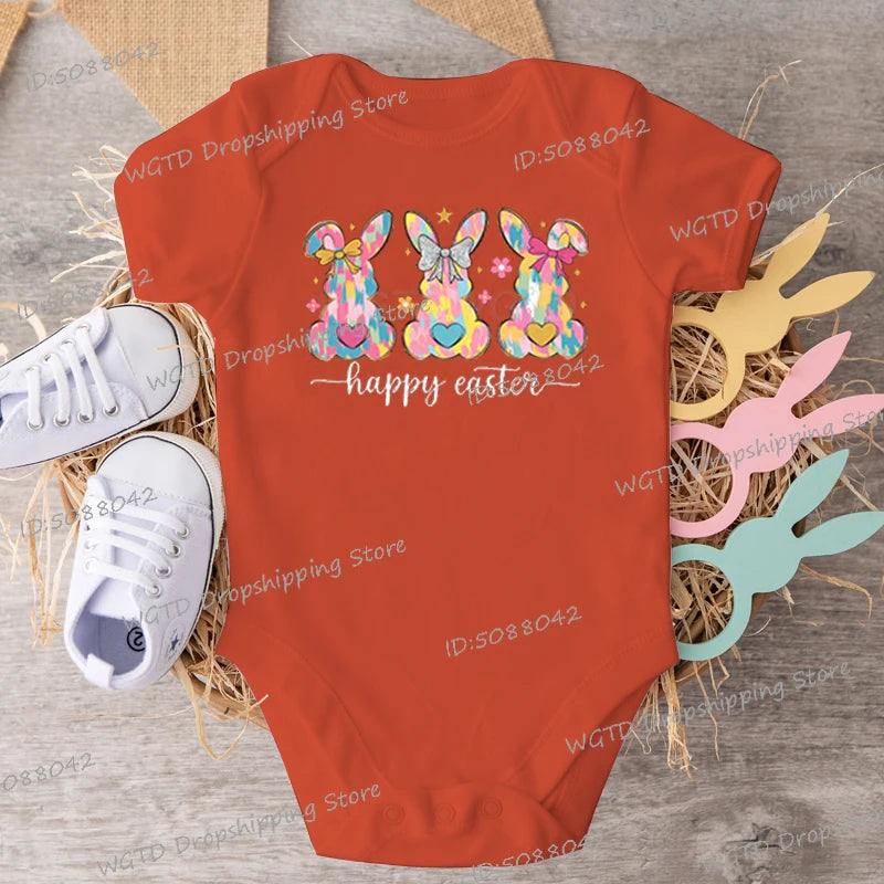 High Quality Cotton Baby Girl Clothing Colorful Rabbit Happy Easter Print Creative Newborn Boy Bodysuits Cartoon Bunny Jumpsuits