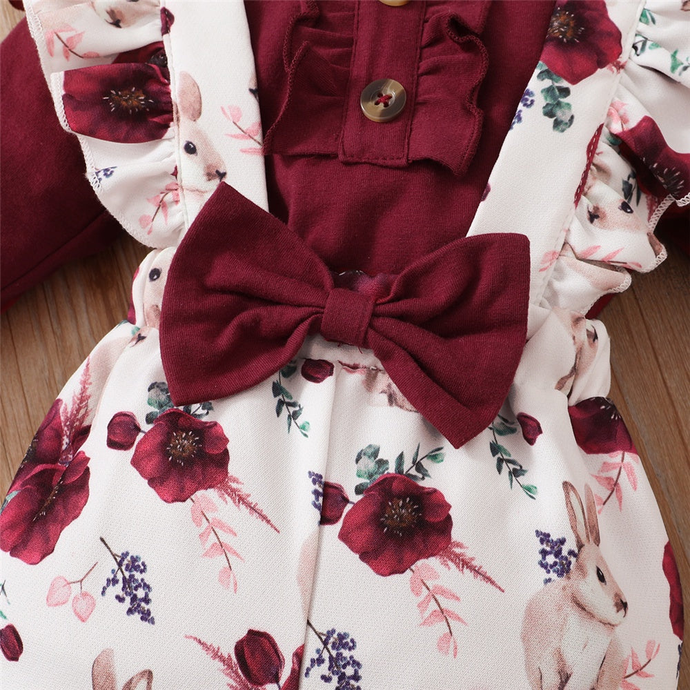 0-18Months Baby Girl Clothes Set Red Color Long Sleevs Bodysuit + Flower Strap Pants 2PCS Infant Girl New Years Clothing Suit