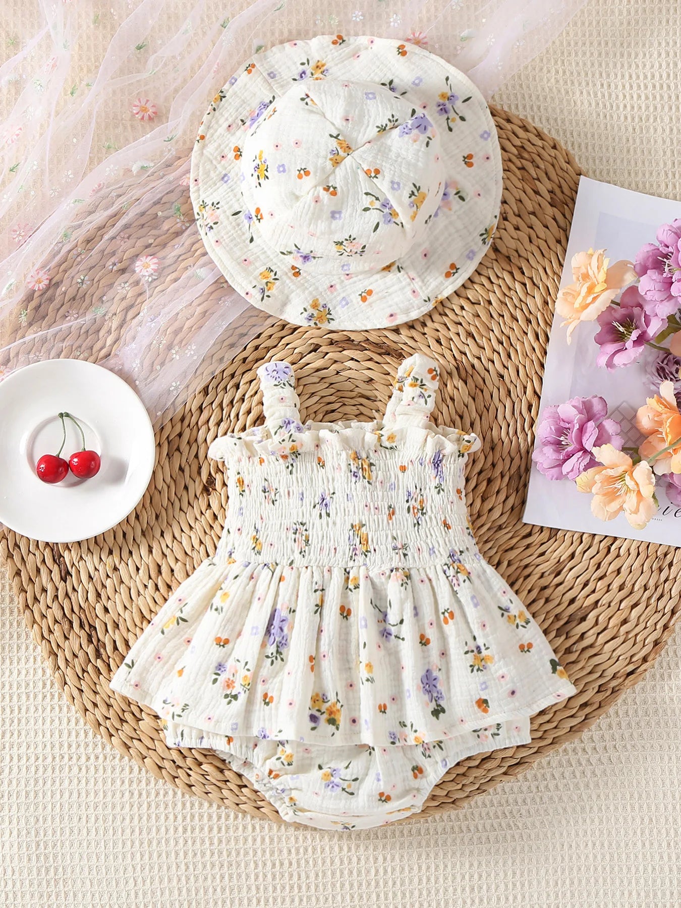 2025 Summer Baby Girls Bodysuit Infant Girls One Piece Floral Camisole Bodysuit With Hat Baby Girls Clothing