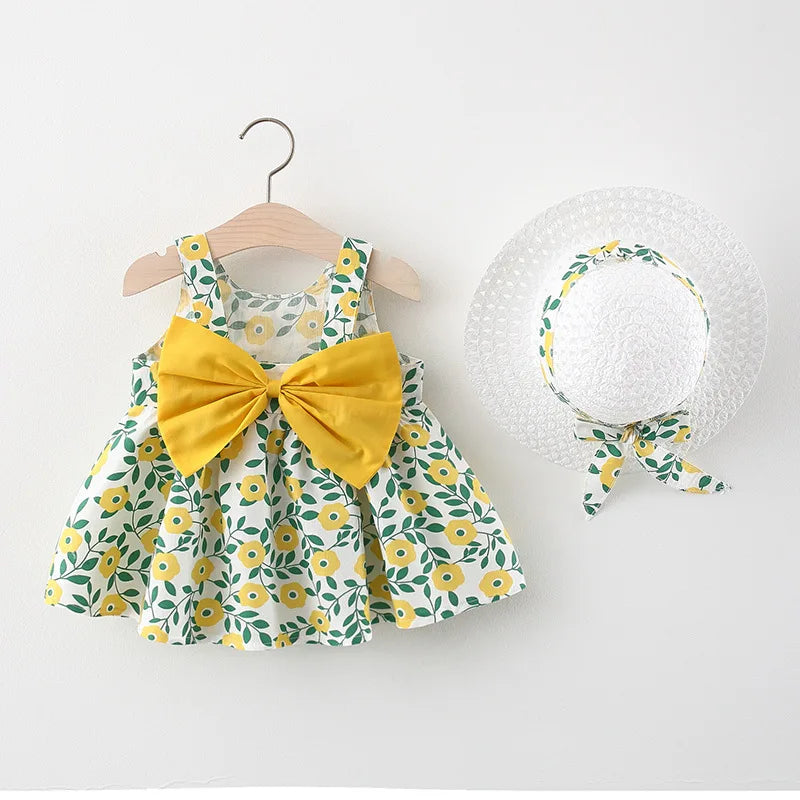 Summer Newborn Baby Clothes Toddler Girl Clothes Cotton Beach Suspender Dress+Sun Hat Princess Dresses2 Pcs