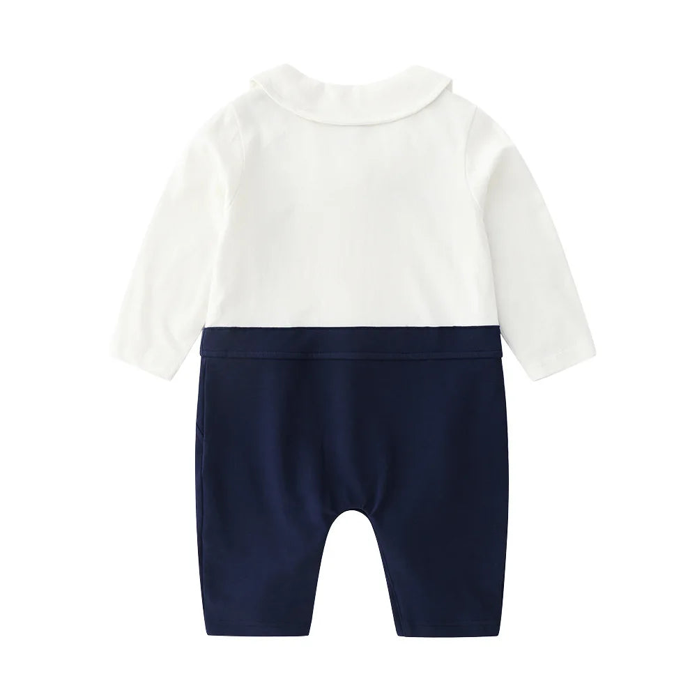 Spring Autumn Baby Crawler Clothing Gentleman Handsome Fake Strap Infant Boys Jumpsuit Cotton Spliced Newborn Boys Rompers