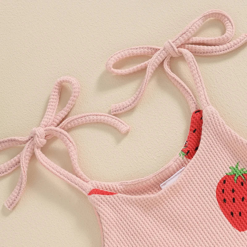 Pudcoco Baby Girl Summer Jumpsuit Strawberry Print Bandage Sleeveless Romper and Headband Set Cute Fashion Clothes Outfits 3-24M