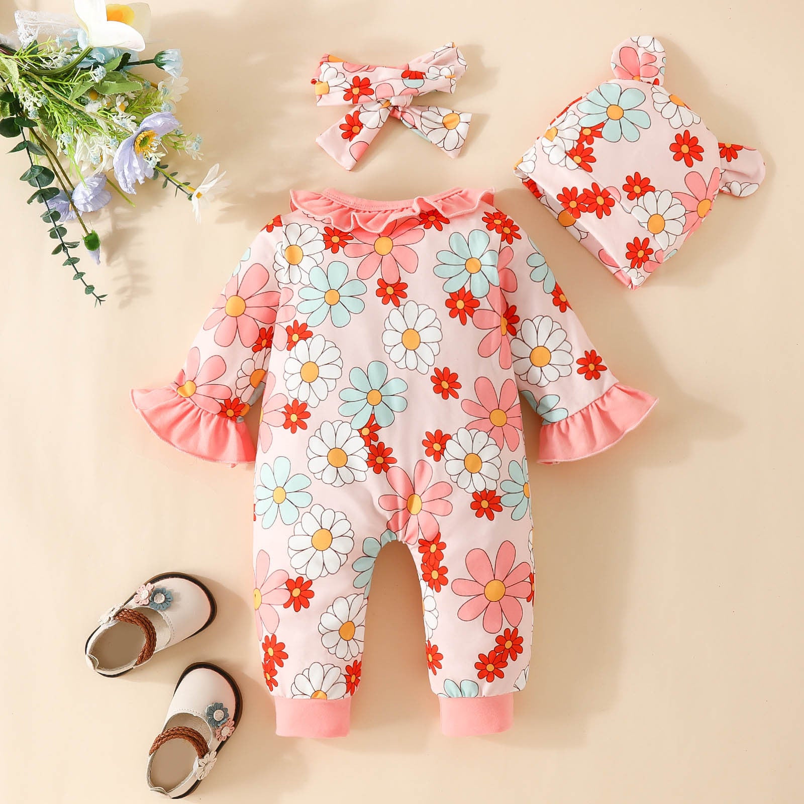 3pcs Baby Fall Winter Jumpsuit For Girls Ruffle Sunflower Rompers Onesie+Headband+Hat Newborn Baby Girls Clothes 0 to 18 Months