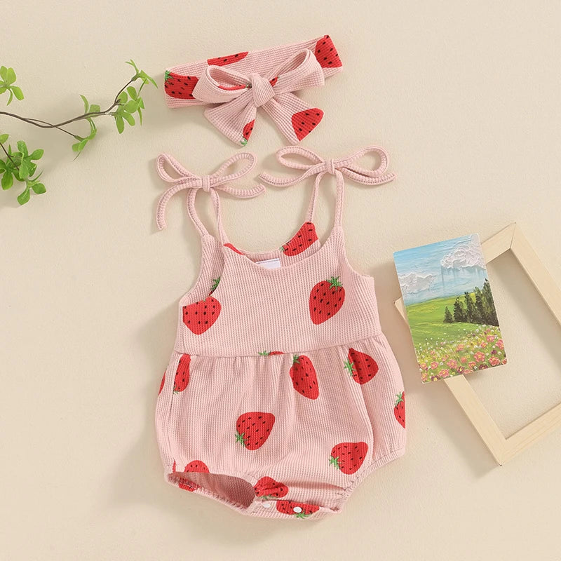 Pudcoco Baby Girl Summer Jumpsuit Strawberry Print Bandage Sleeveless Romper and Headband Set Cute Fashion Clothes Outfits 3-24M