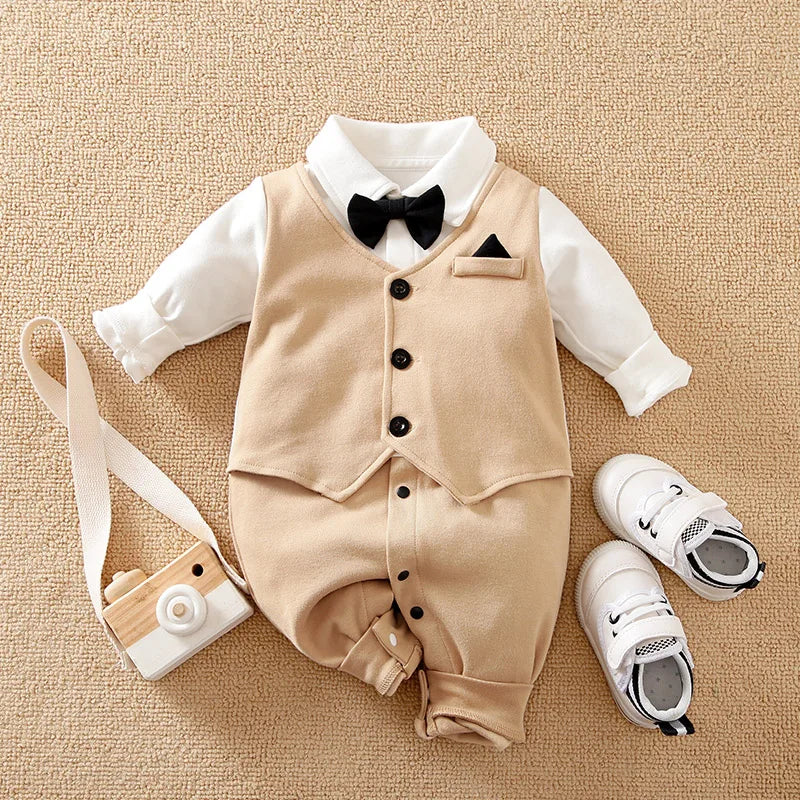 Spring And Autumn Style Boys And Girls Handsome Gentleman Outgoing Formal Dress Cotton Comfortable Long Sleeve Baby Bodysuit