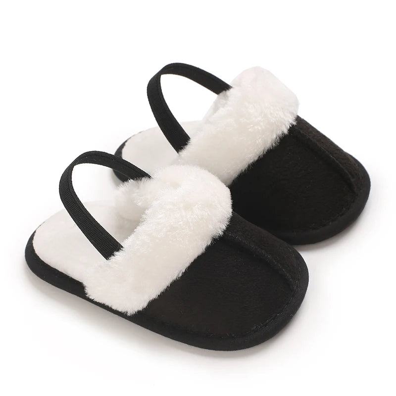 Toddlers Baby Boys Girls Fluffy Slides Soft Slippers Anti-slip Pre-walker Newborn Plush Warm Floor Shoes Elastic Back Strap