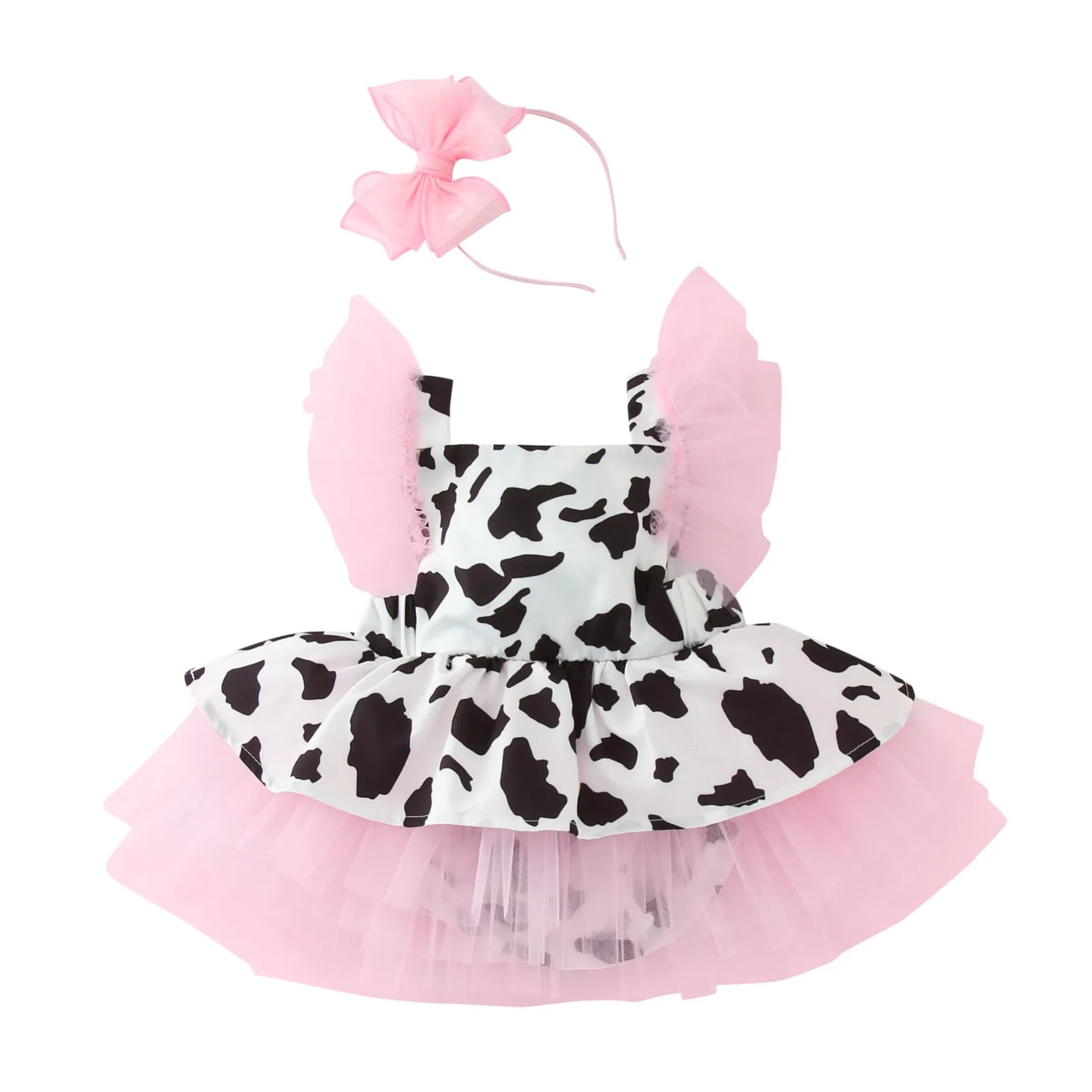 Toddler Baby Girls Romper Dress Headband Sets Infant Cow Print Tulle Clothes Newborn Sleeveless Tutu Dresses Hair Band Outfits