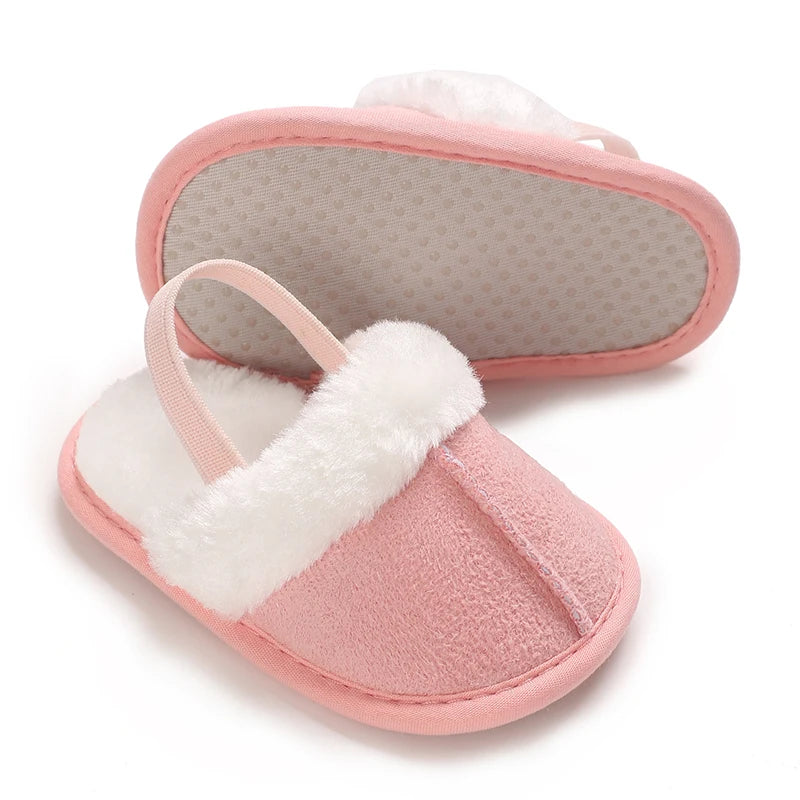 Toddlers Baby Boys Girls Fluffy Slides Soft Slippers Anti-slip Pre-walker Newborn Plush Warm Floor Shoes Elastic Back Strap