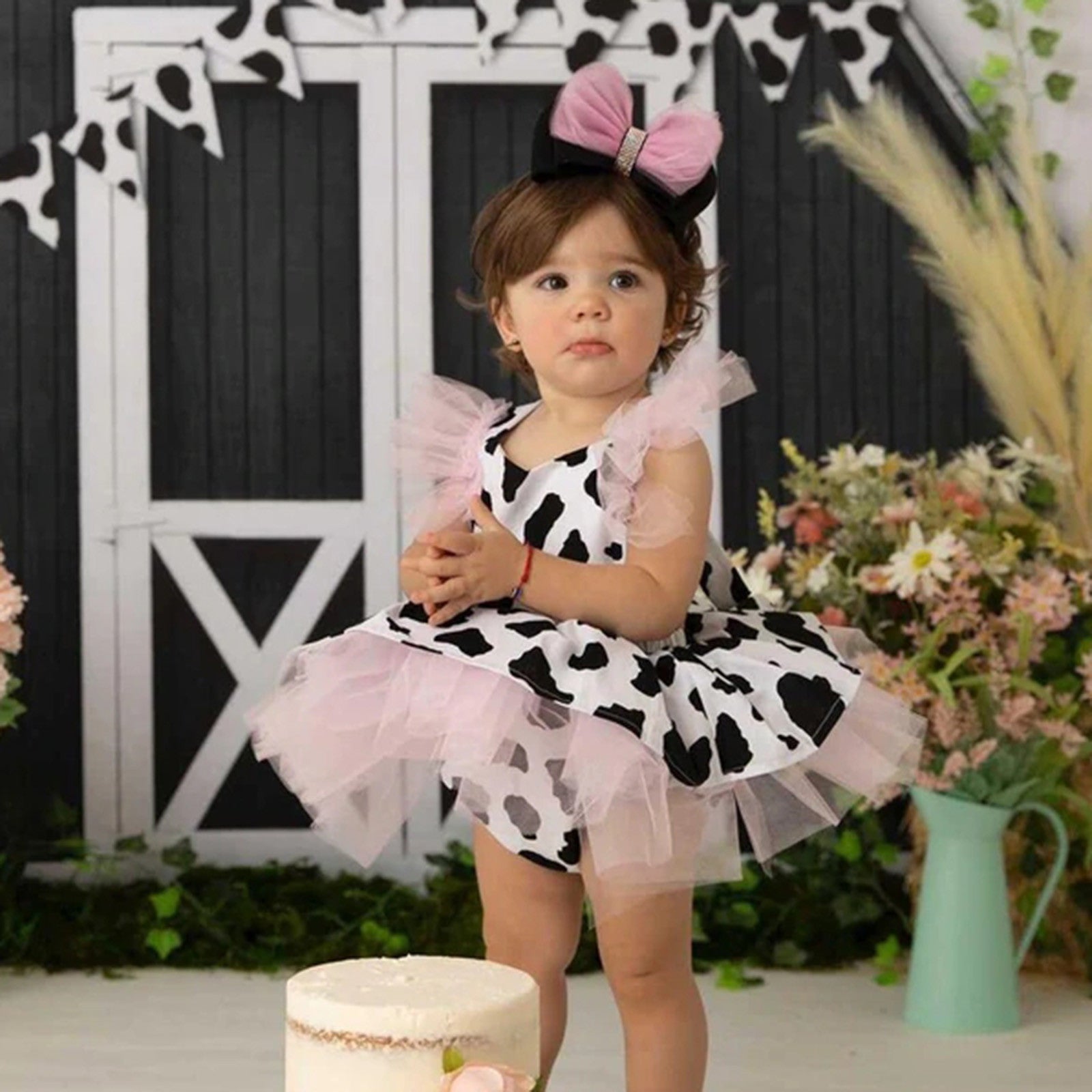 Toddler Baby Girls Romper Dress Headband Sets Infant Cow Print Tulle Clothes Newborn Sleeveless Tutu Dresses Hair Band Outfits