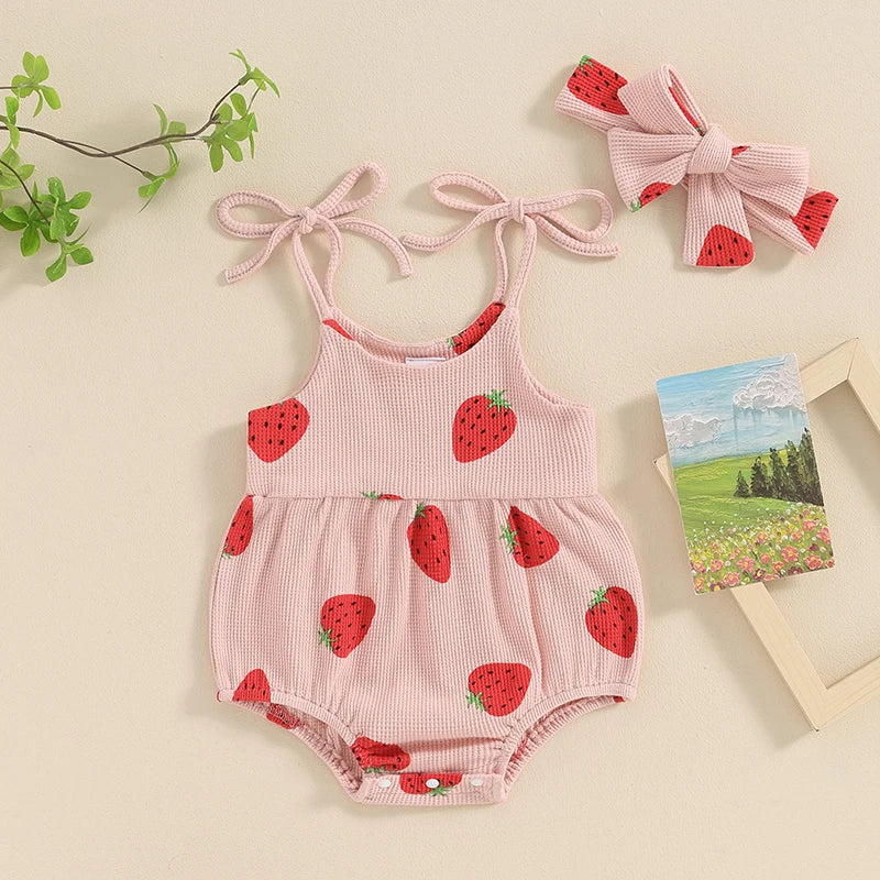 Pudcoco Baby Girl Summer Jumpsuit Strawberry Print Bandage Sleeveless Romper and Headband Set Cute Fashion Clothes Outfits 3-24M