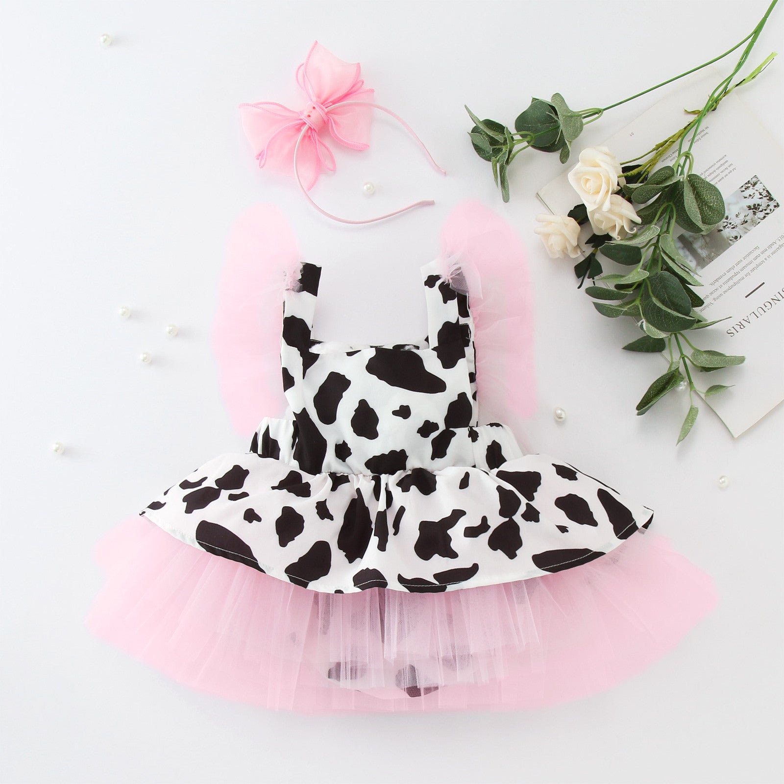 Toddler Baby Girls Romper Dress Headband Sets Infant Cow Print Tulle Clothes Newborn Sleeveless Tutu Dresses Hair Band Outfits