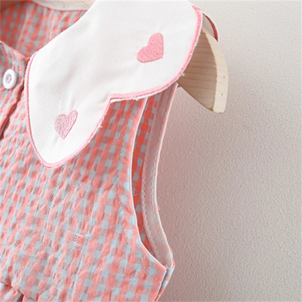 Summer Newborn 2-Piece Girl Infant Cotton Dress And Backpack Baby Embroidered Flip Collar Checkered Sleeveless Beach Dress