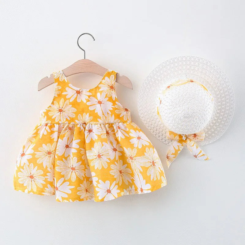 Summer Newborn Baby Clothes Toddler Girl Clothes Cotton Beach Suspender Dress+Sun Hat Princess Dresses2 Pcs