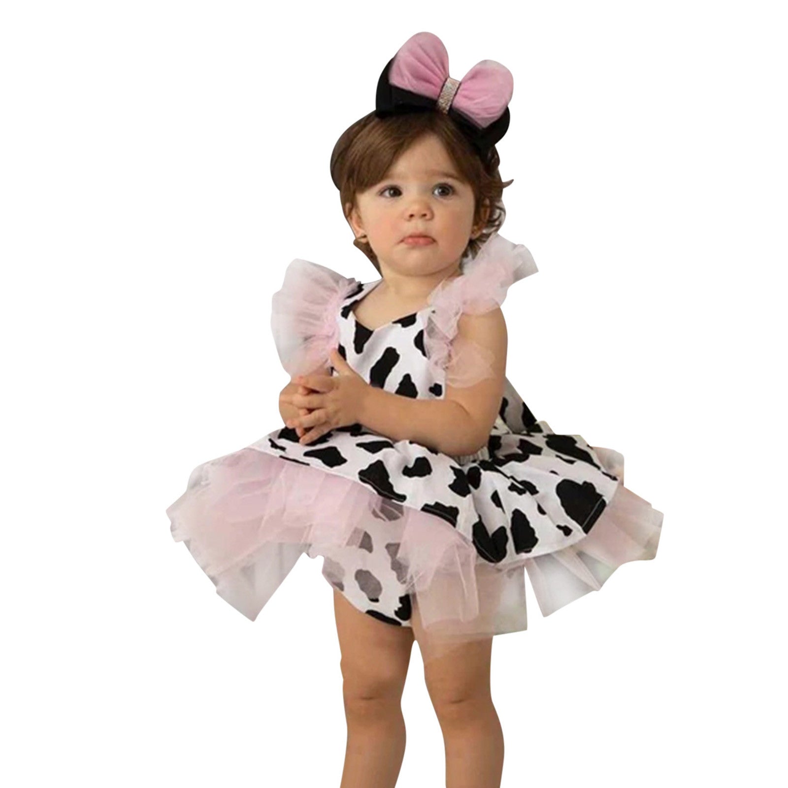 Toddler Baby Girls Romper Dress Headband Sets Infant Cow Print Tulle Clothes Newborn Sleeveless Tutu Dresses Hair Band Outfits