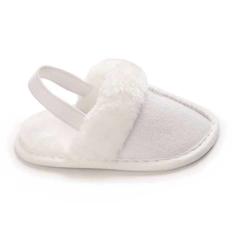 Toddlers Baby Boys Girls Fluffy Slides Soft Slippers Anti-slip Pre-walker Newborn Plush Warm Floor Shoes Elastic Back Strap