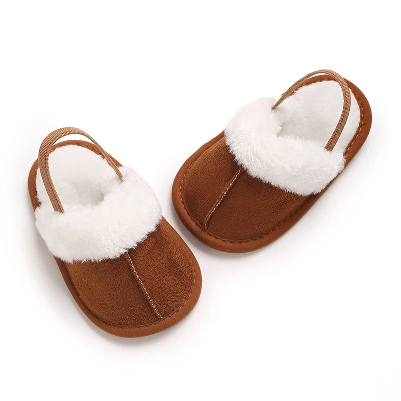 Toddlers Baby Boys Girls Fluffy Slides Soft Slippers Anti-slip Pre-walker Newborn Plush Warm Floor Shoes Elastic Back Strap