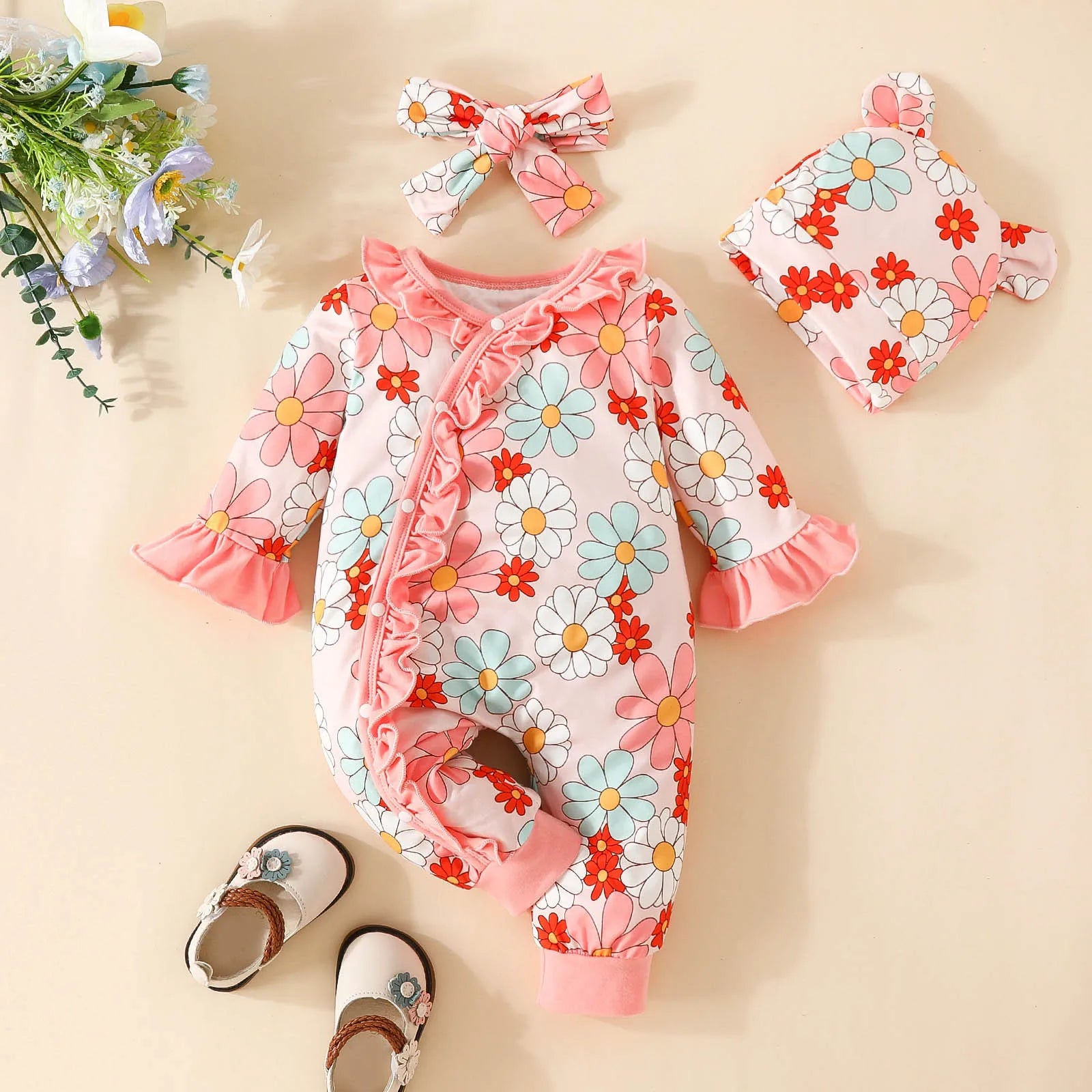 3pcs Baby Fall Winter Jumpsuit For Girls Ruffle Sunflower Rompers Onesie+Headband+Hat Newborn Baby Girls Clothes 0 to 18 Months